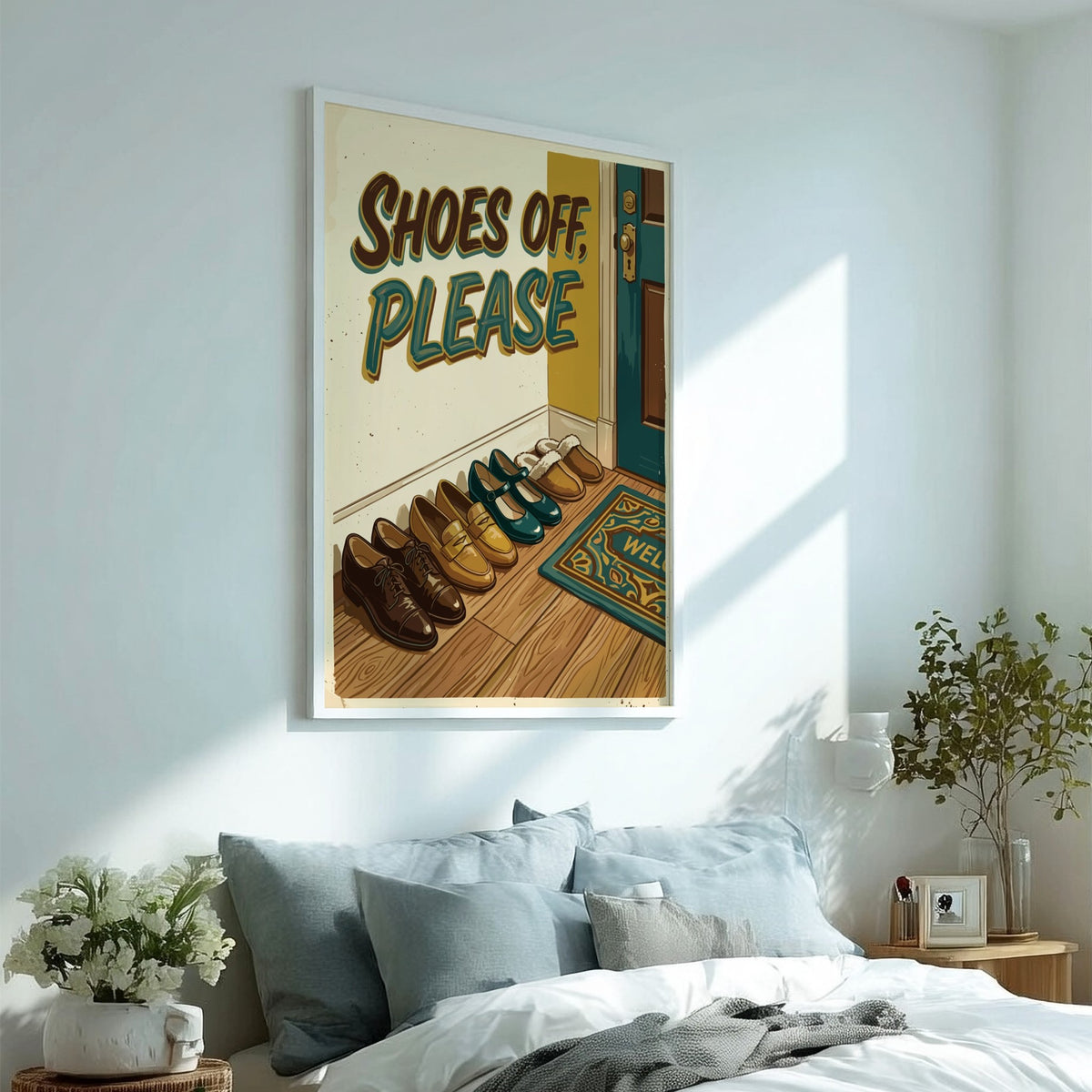 Poster featuring Shoes Off Please text above a row of loafers and slippers