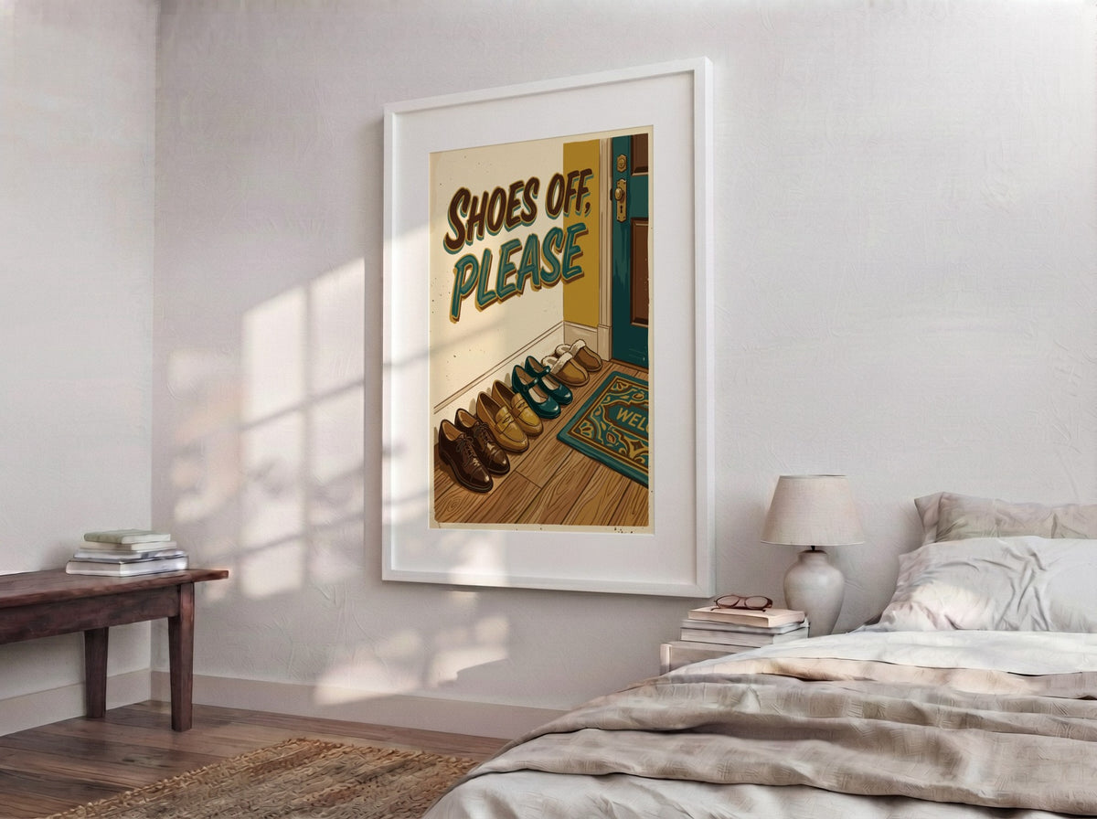 Poster featuring Shoes Off Please text above a row of loafers and slippers