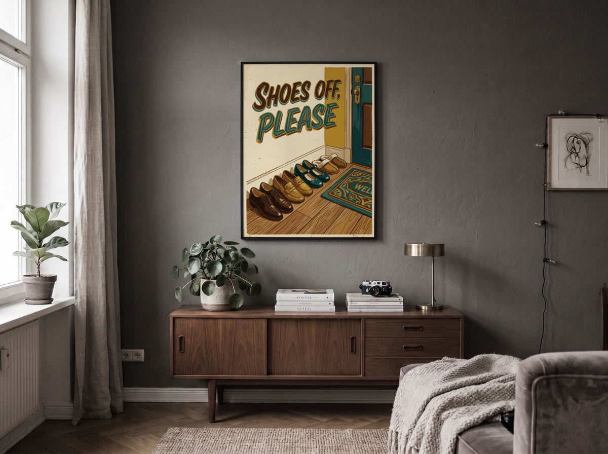 Poster featuring Shoes Off Please text above a row of loafers and slippers
