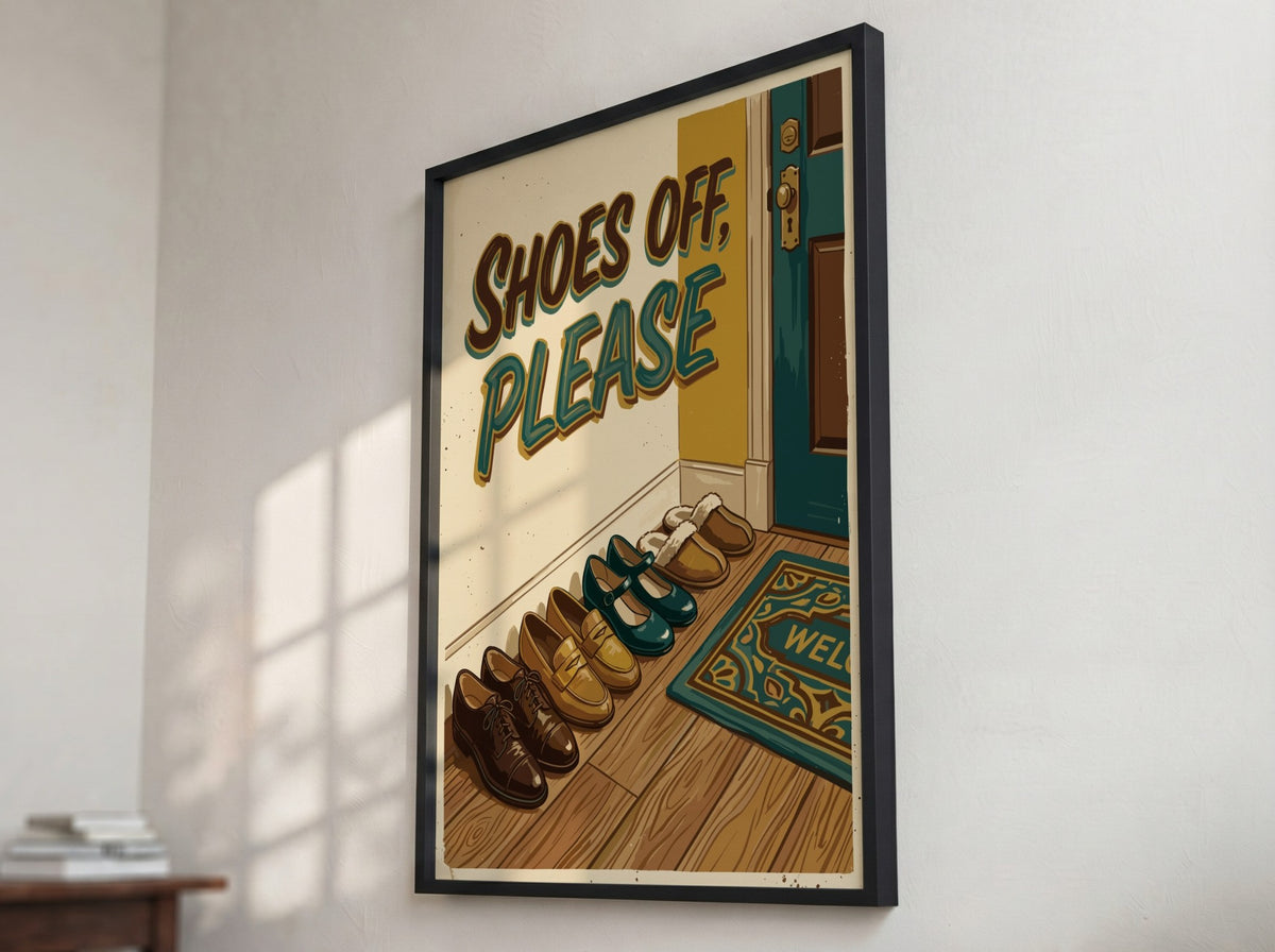 Poster featuring Shoes Off Please text above a row of loafers and slippers