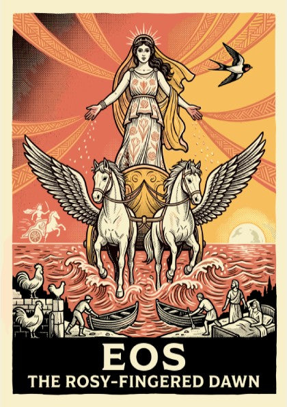 Eos Greek Mythology Poster featuring the goddess of dawn in a chariot with winged horses, retro style.