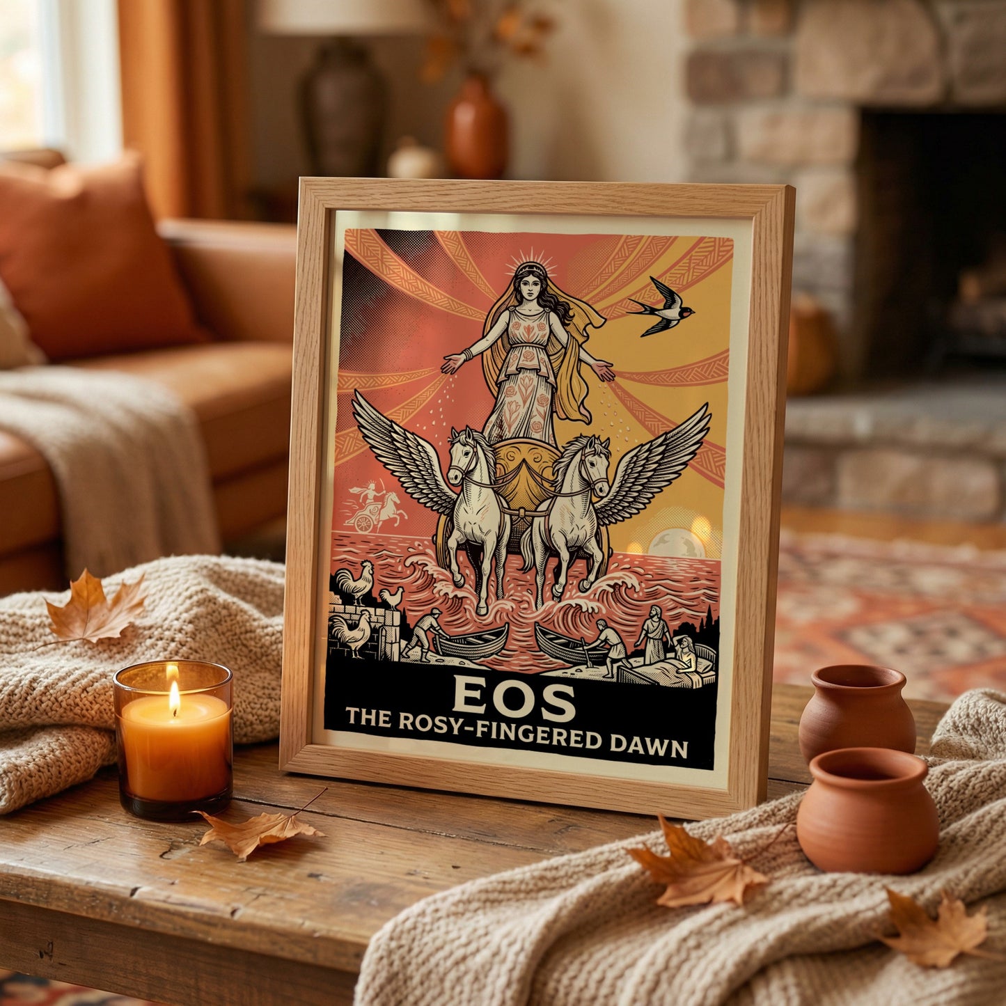 Eos Greek Mythology Poster featuring the goddess of dawn in a chariot with winged horses, retro style.