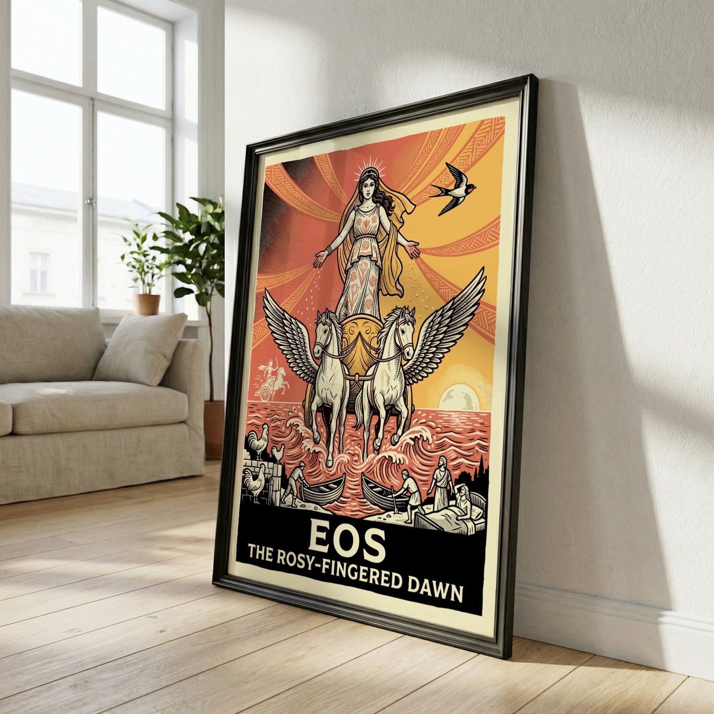 Eos Greek Mythology Poster featuring the goddess of dawn in a chariot with winged horses, retro style.