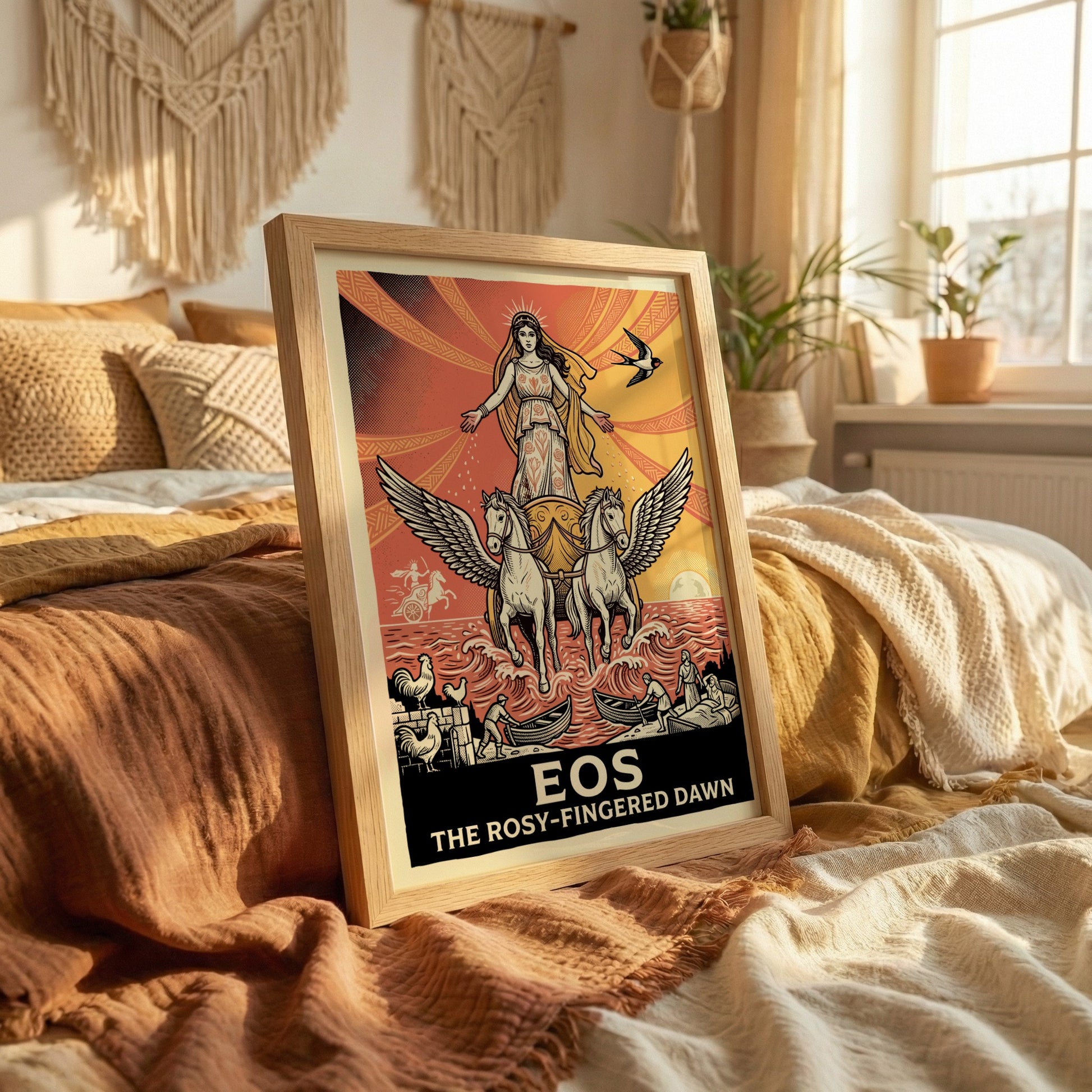 Eos Greek Mythology Poster featuring the goddess of dawn in a chariot with winged horses, retro style.