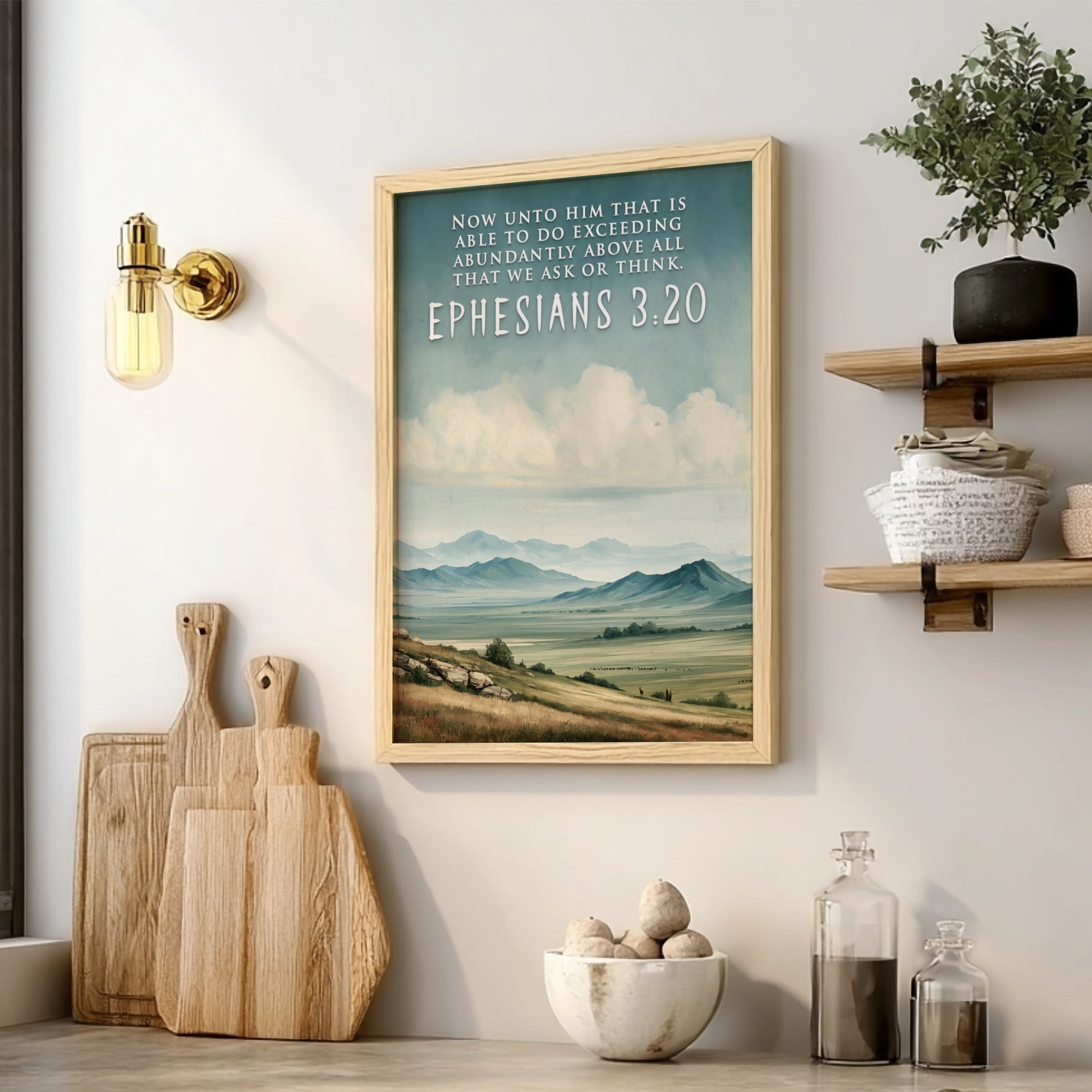 Poster displaying rolling hills under a cloudy sky with Ephesians 3:20 verse text.