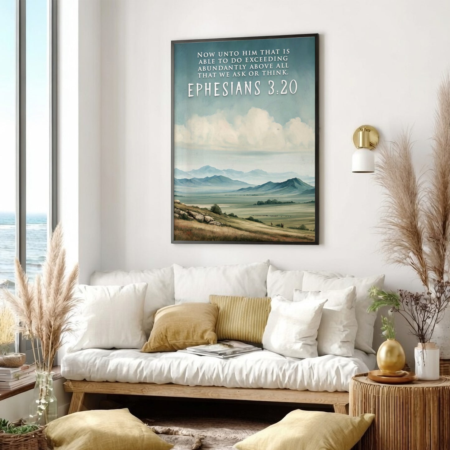 Poster displaying rolling hills under a cloudy sky with Ephesians 3:20 verse text.