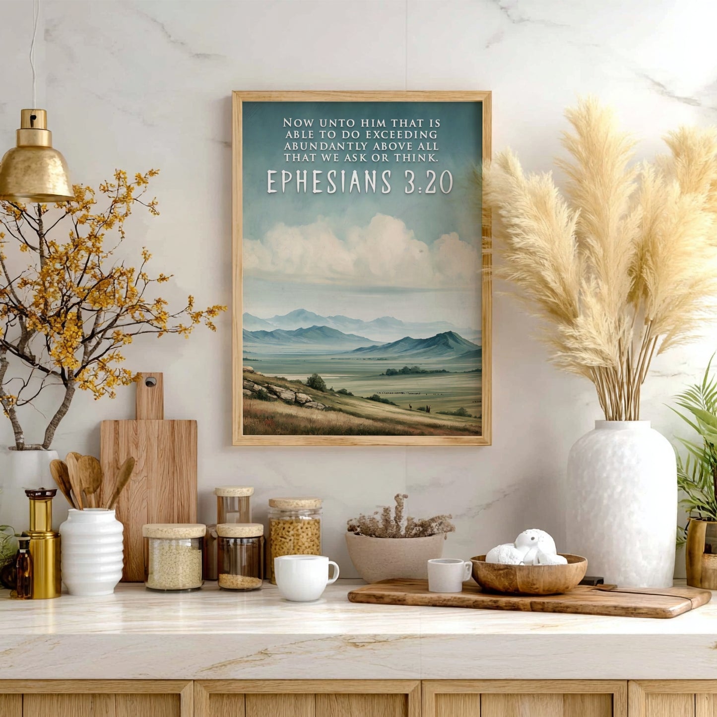 Poster displaying rolling hills under a cloudy sky with Ephesians 3:20 verse text.