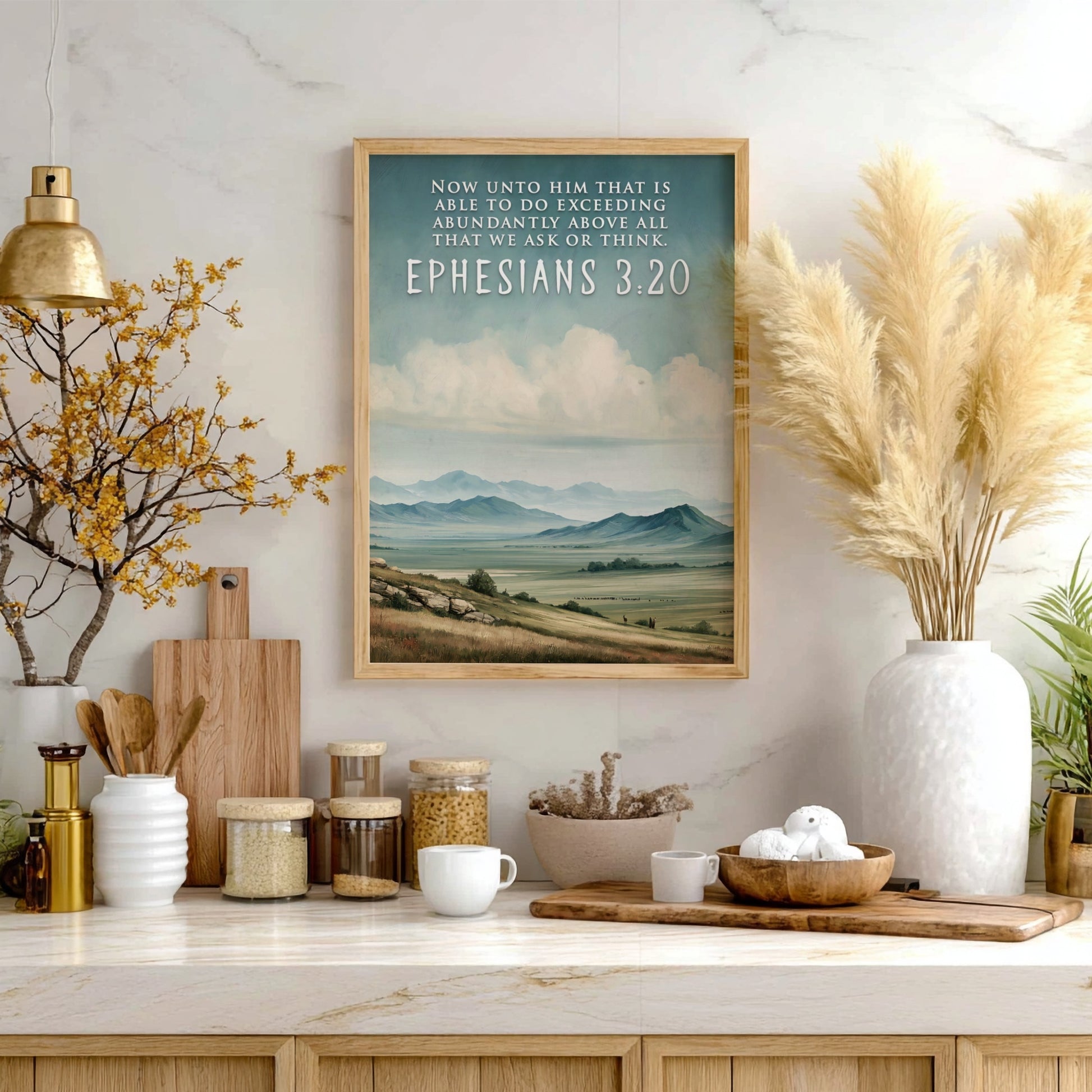 Poster displaying rolling hills under a cloudy sky with Ephesians 3:20 verse text.