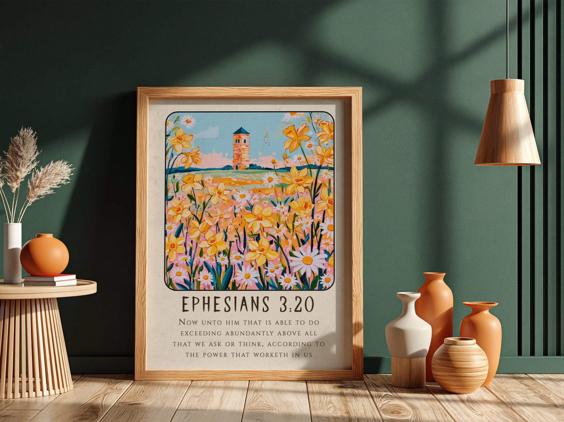 Ephesians 3:20 poster featuring vibrant flowers and a tower, inspirational wall art