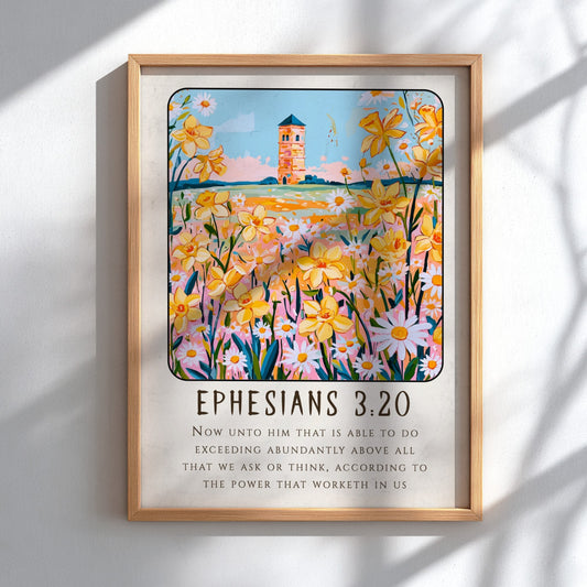 Ephesians 3:20 poster featuring vibrant flowers and a tower, inspirational wall art