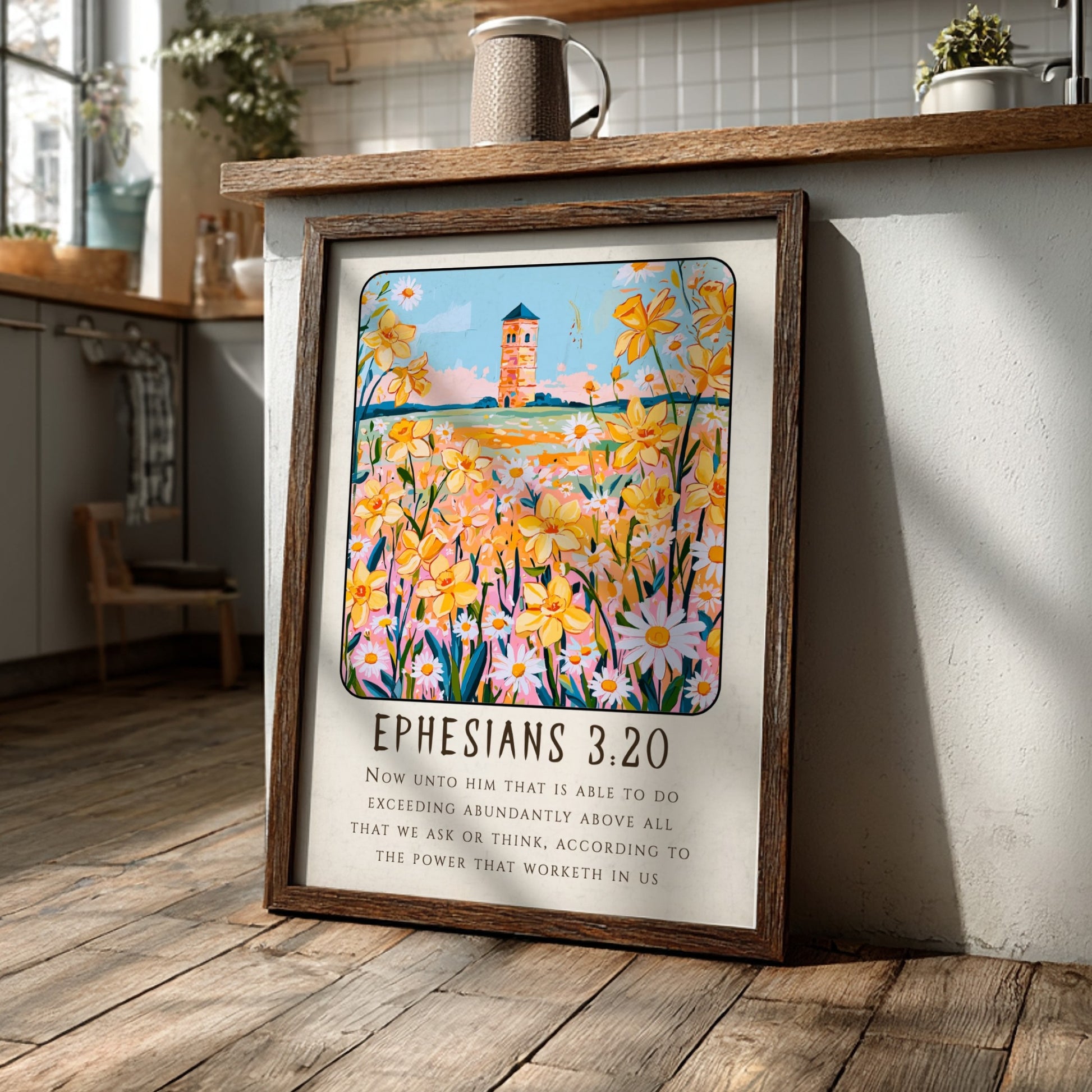 Ephesians 3:20 poster featuring vibrant flowers and a tower, inspirational wall art