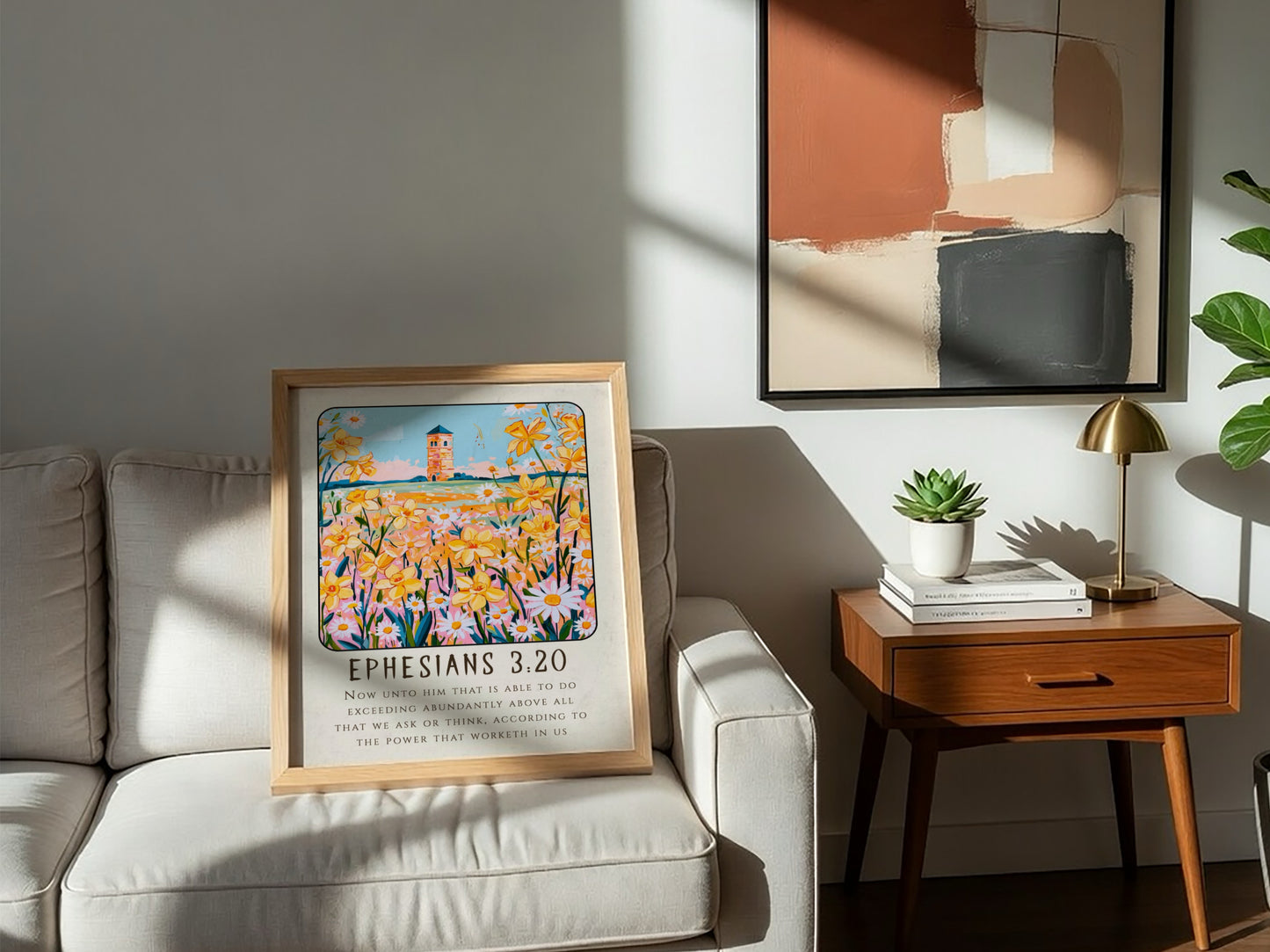 Ephesians 3:20 poster featuring vibrant flowers and a tower, inspirational wall art