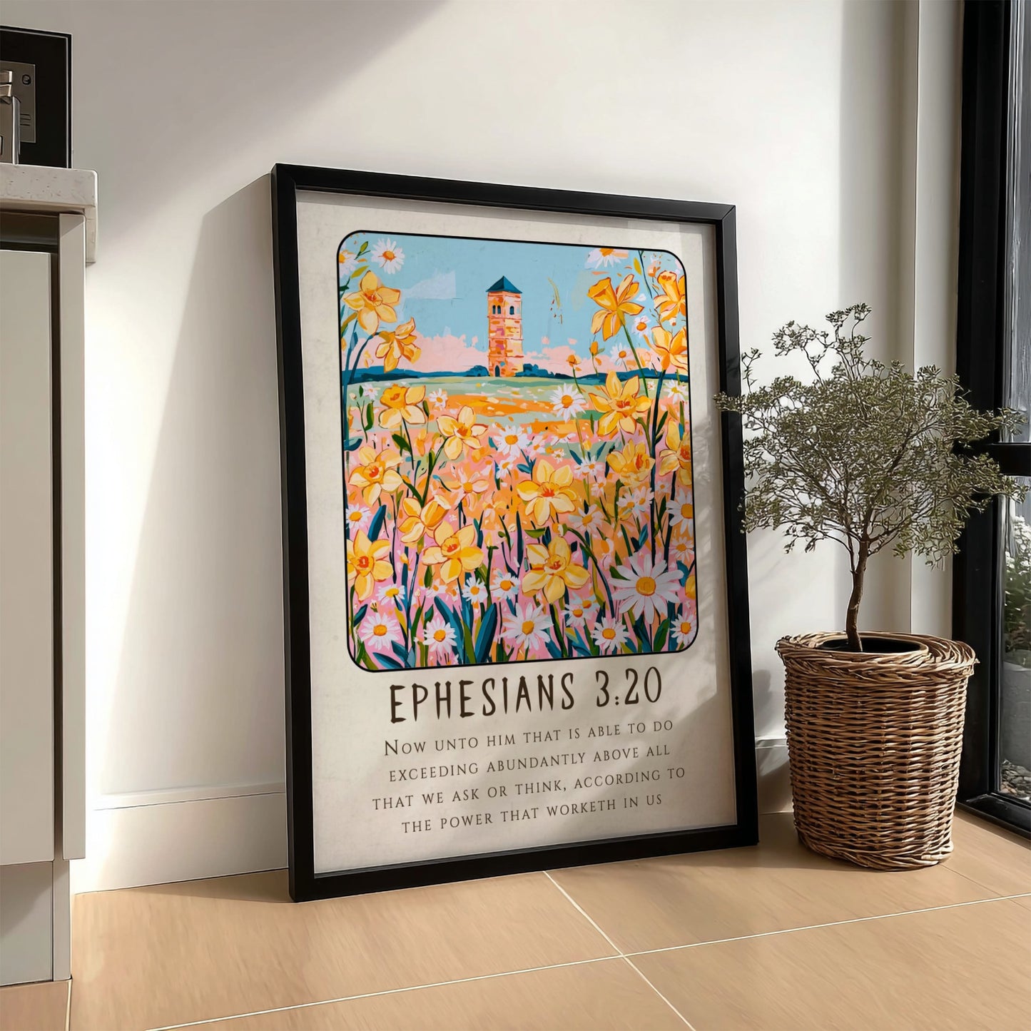 Ephesians 3:20 poster featuring vibrant flowers and a tower, inspirational wall art