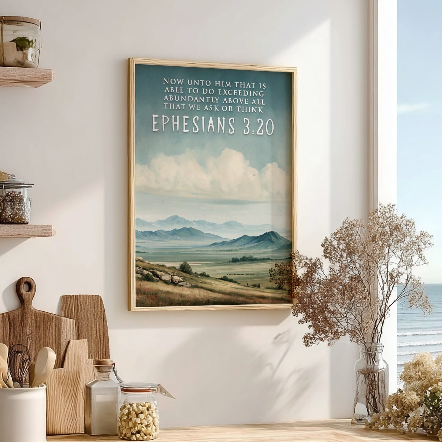 Poster displaying rolling hills under a cloudy sky with Ephesians 3:20 verse text.