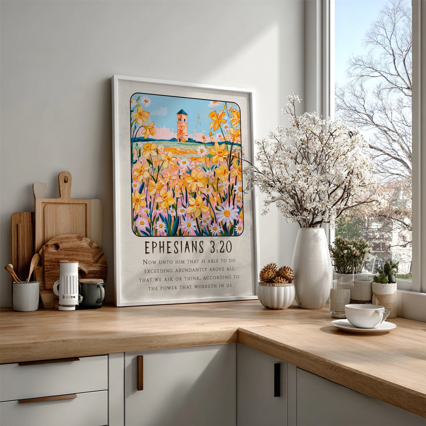 Ephesians 3:20 poster featuring vibrant flowers and a tower, inspirational wall art