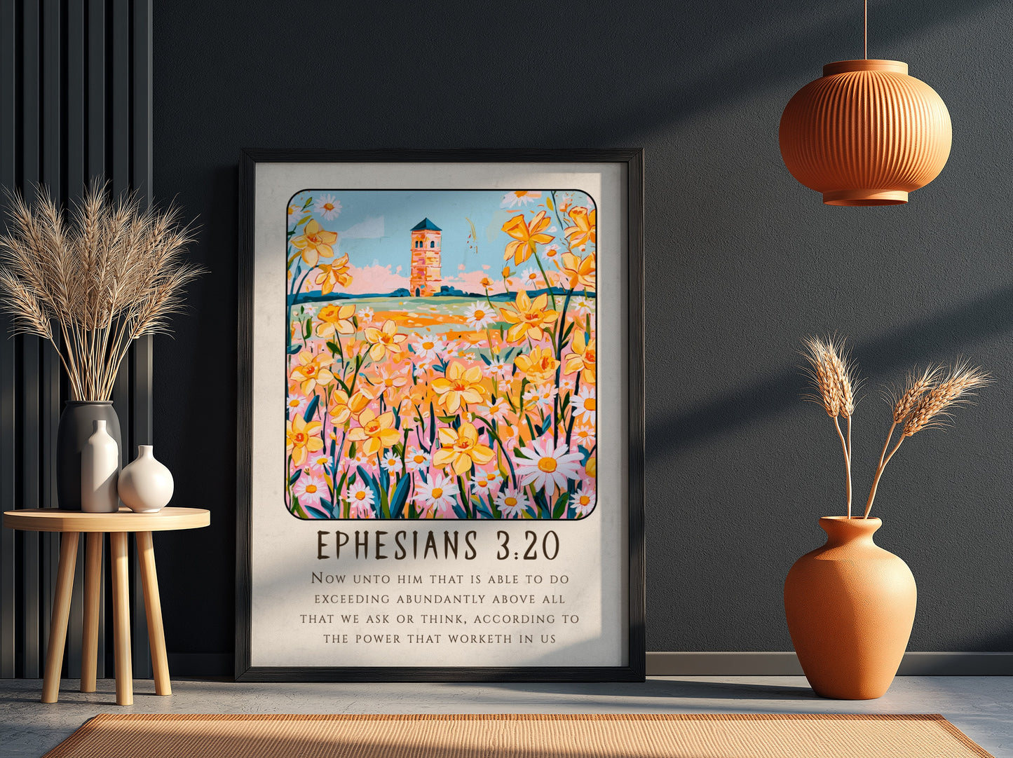 Ephesians 3:20 poster featuring vibrant flowers and a tower, inspirational wall art