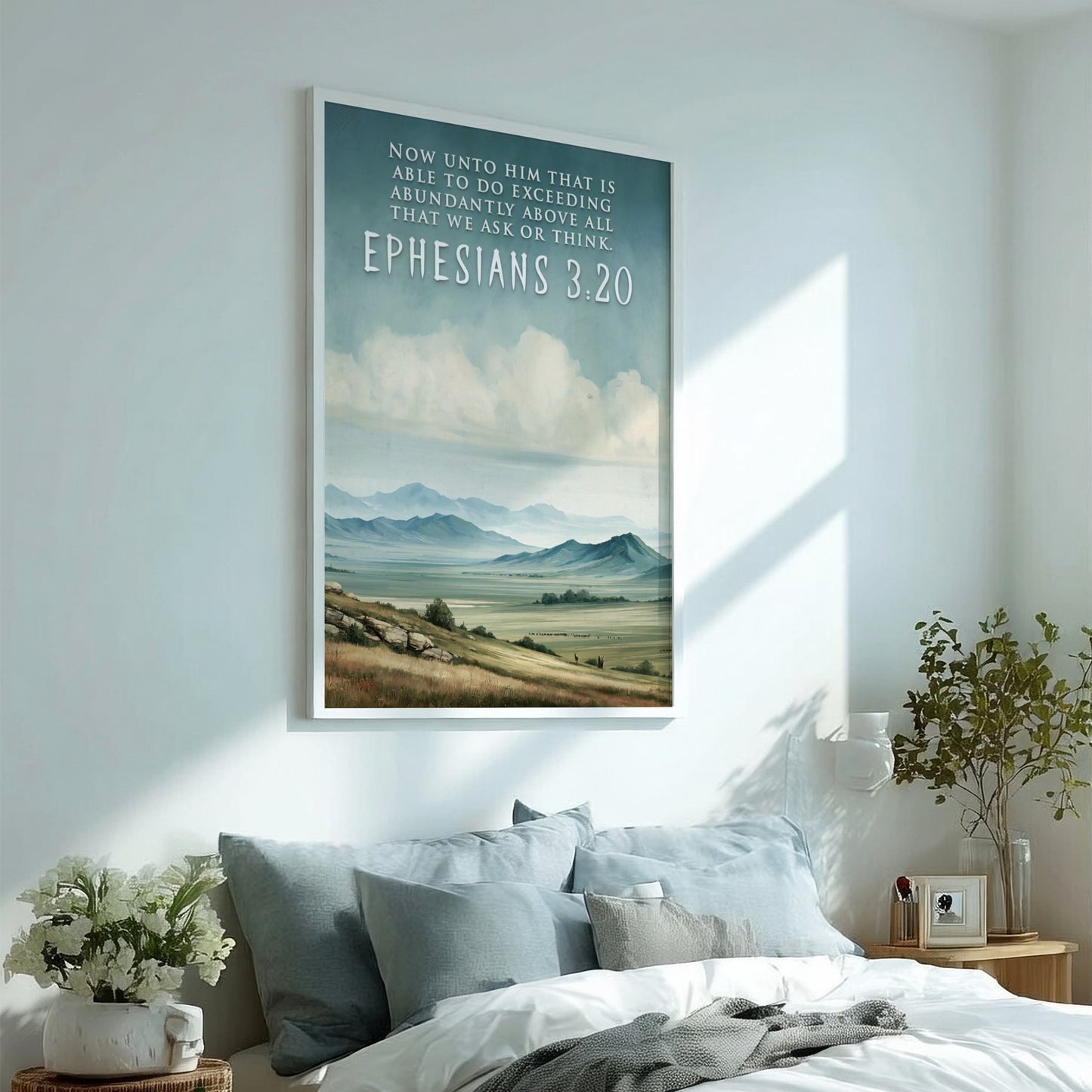 Poster displaying rolling hills under a cloudy sky with Ephesians 3:20 verse text.