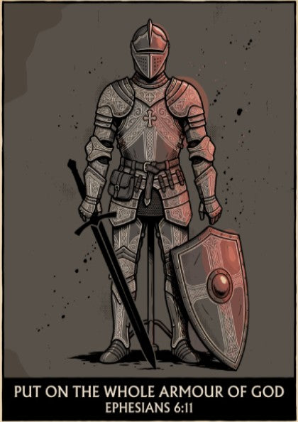 Poster featuring a knight in plate armor with a sword and shield, Ephesians 6:11.