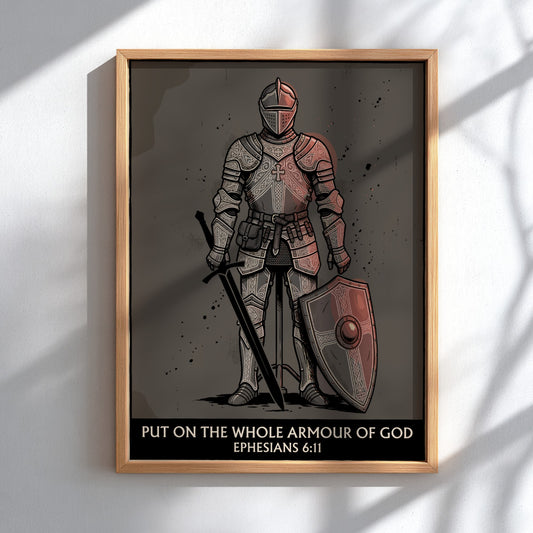 Poster featuring a knight in plate armor with a sword and shield, Ephesians 6:11.
