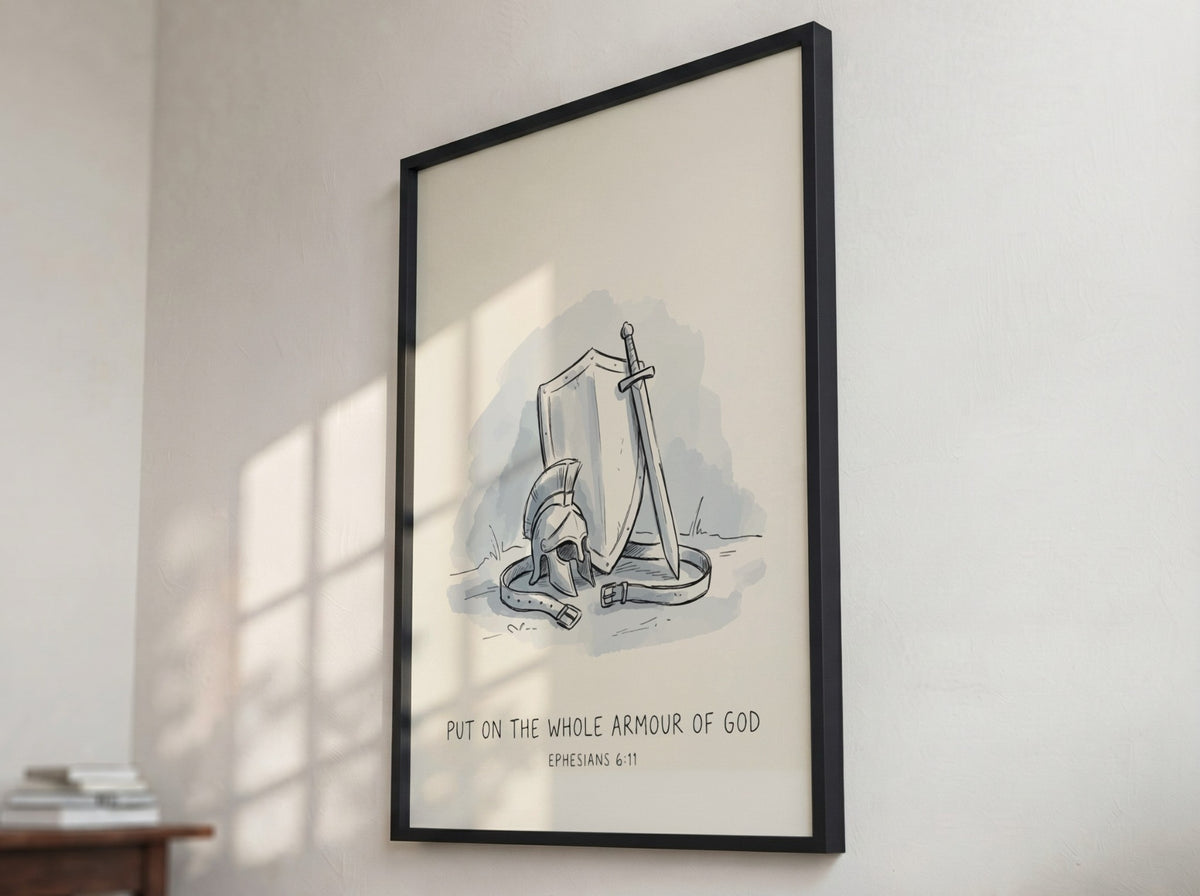 Poster featuring a Spartan helmet, sword, and shield with Put On The Whole Armour text.