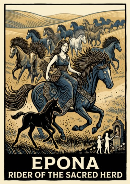 Poster featuring Epona riding a horse with a herd in a golden landscape.