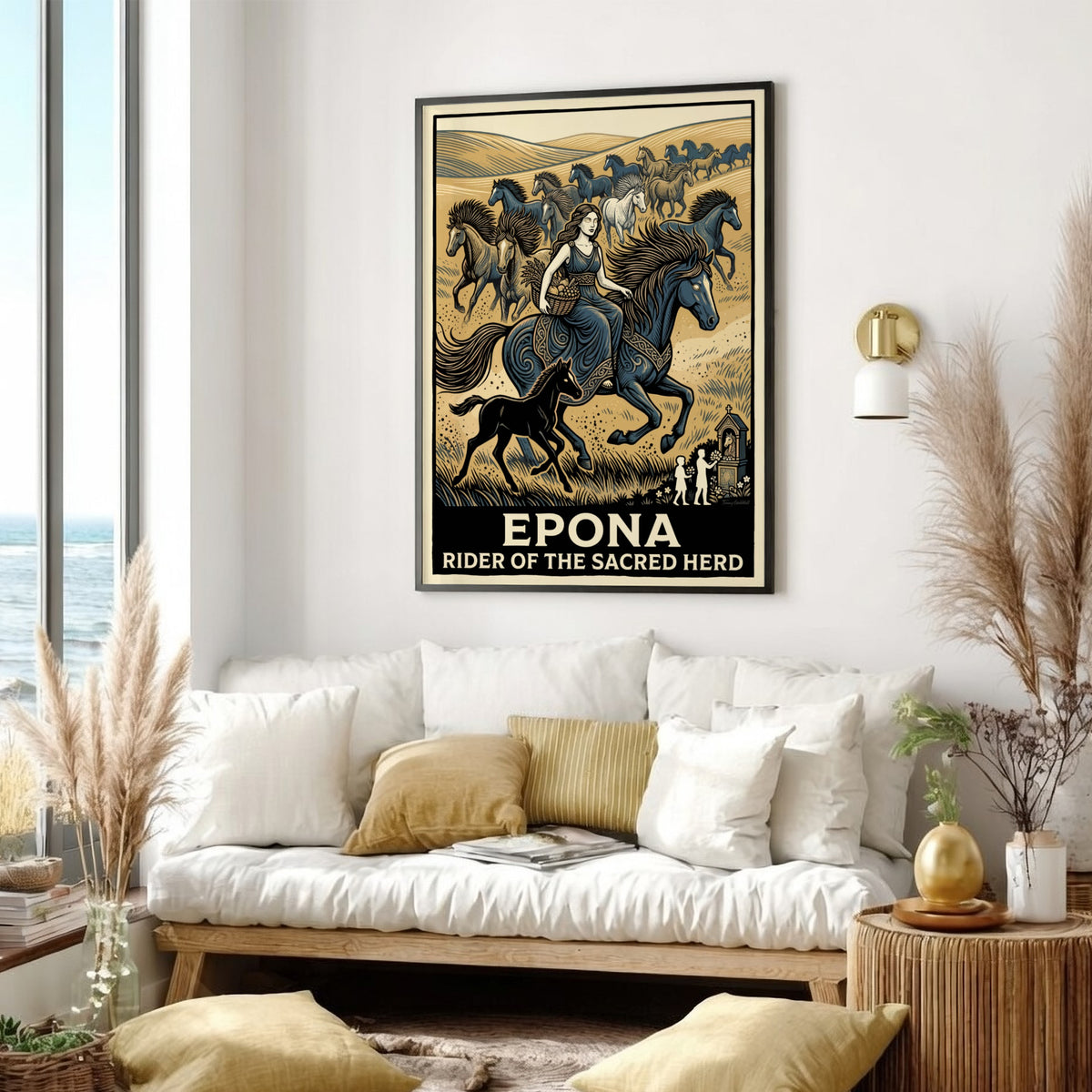 Poster featuring Epona riding a horse with a herd in a golden landscape.