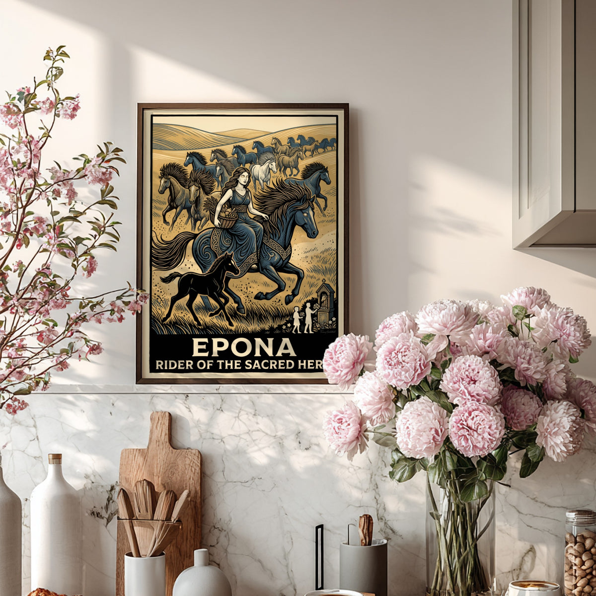 Poster featuring Epona riding a horse with a herd in a golden landscape.