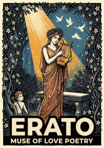Poster featuring Erato the muse of love poetry with a lyre and cupid