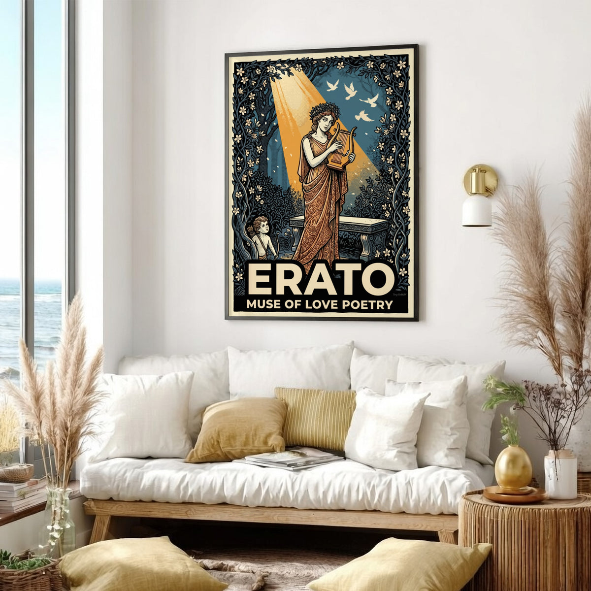 Poster featuring Erato the muse of love poetry with a lyre and cupid