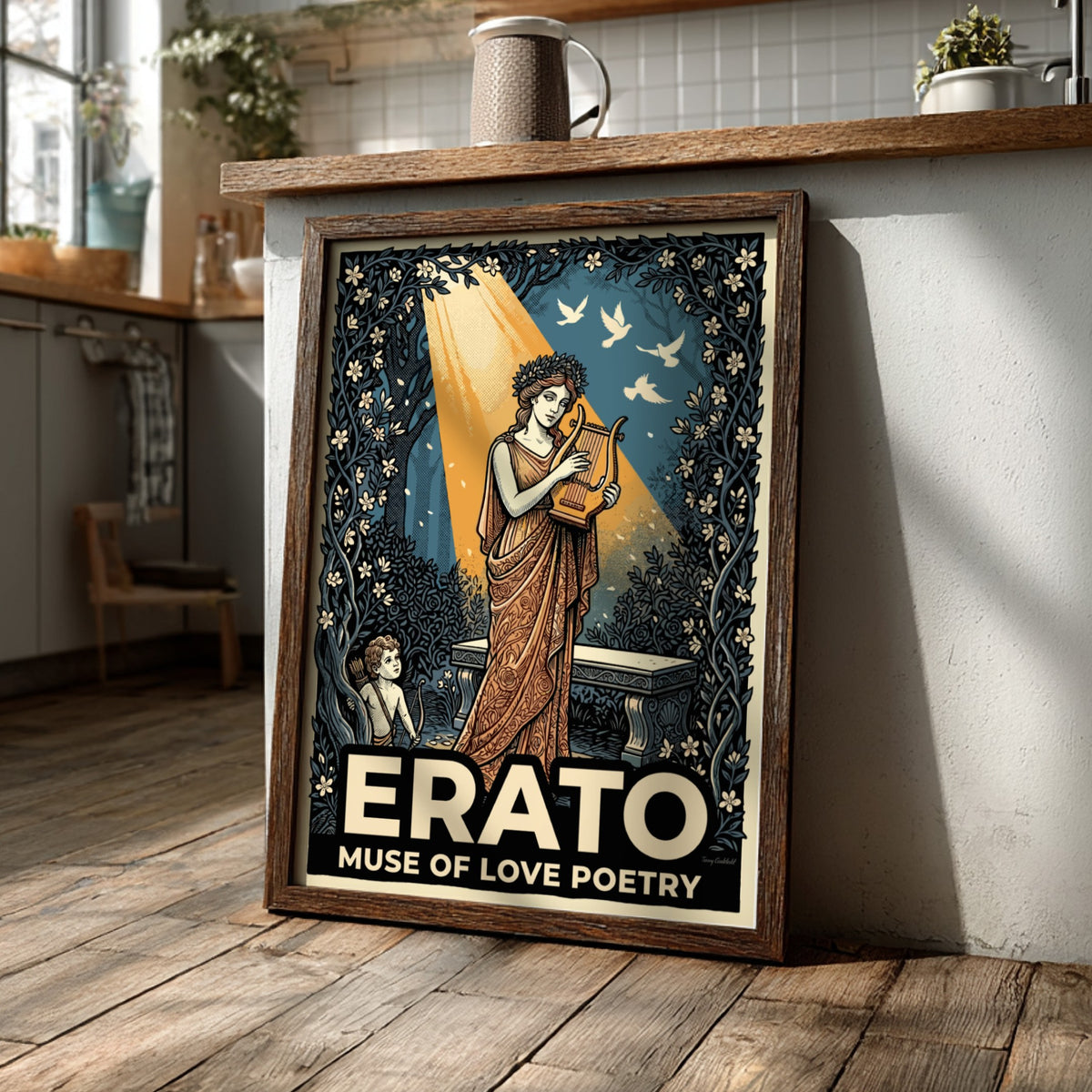 Poster featuring Erato the muse of love poetry with a lyre and cupid