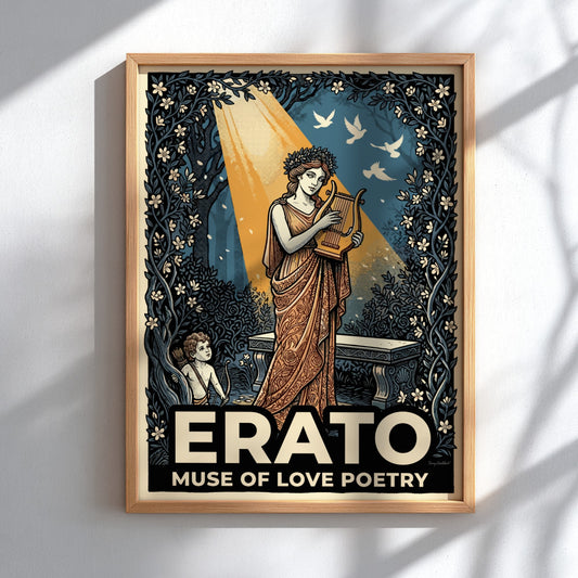 Poster featuring Erato the muse of love poetry with a lyre and cupid