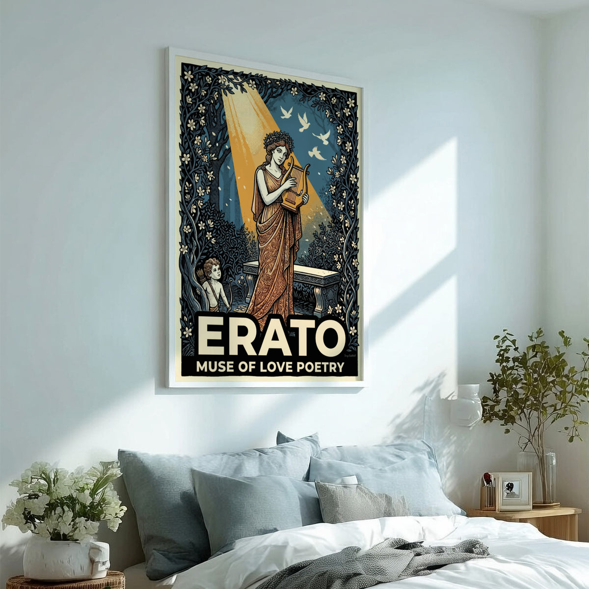 Poster featuring Erato the muse of love poetry with a lyre and cupid