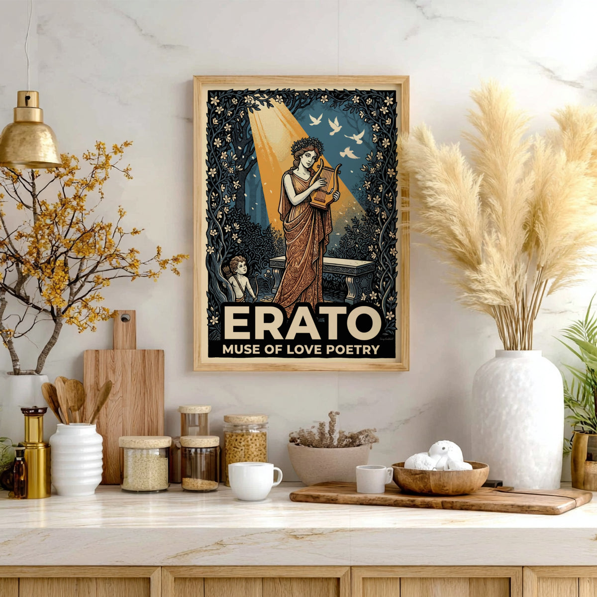 Poster featuring Erato the muse of love poetry with a lyre and cupid