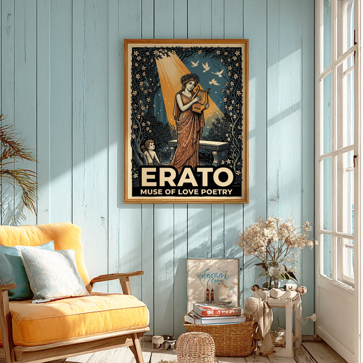 Poster featuring Erato the muse of love poetry with a lyre and cupid