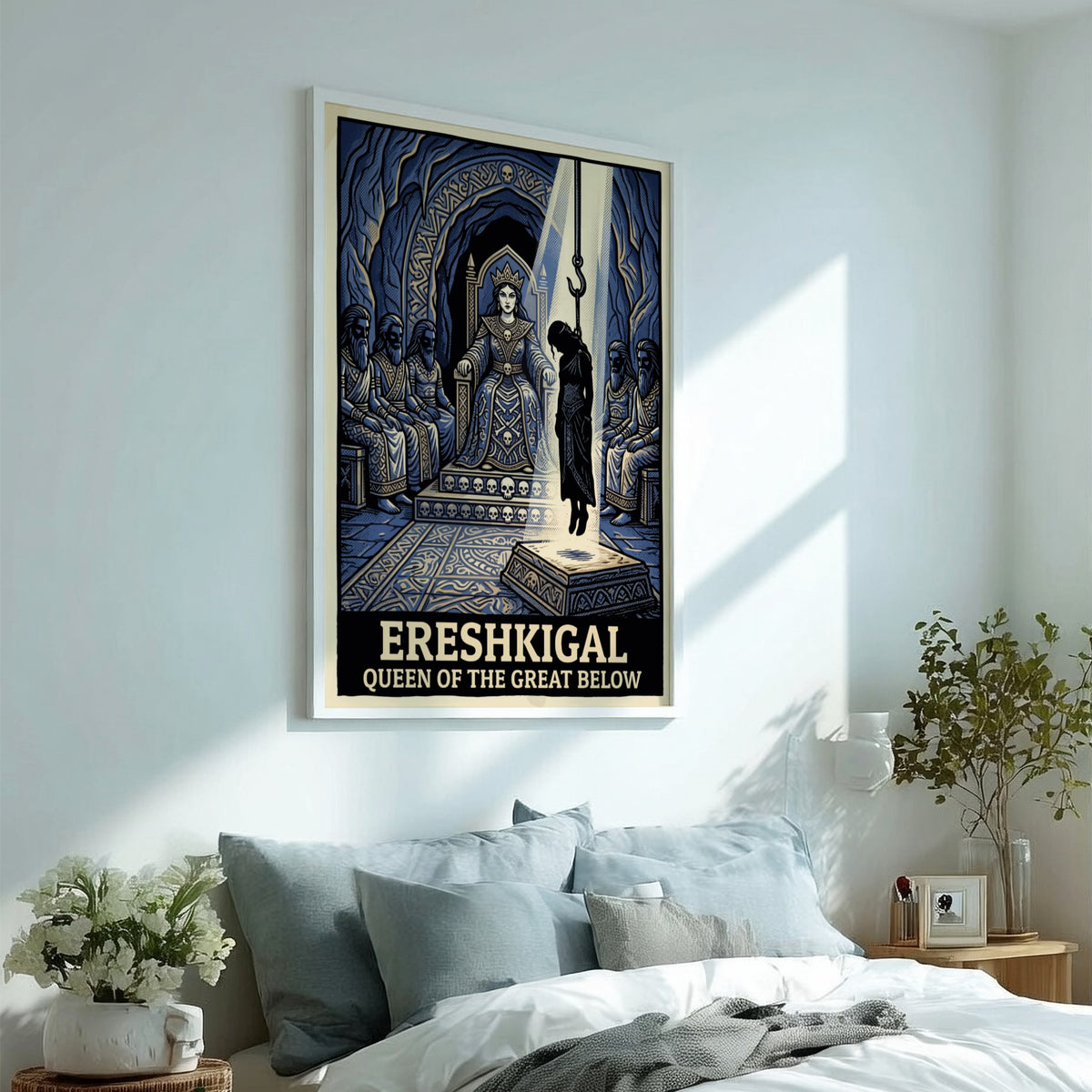 Poster featuring Ereshkigal sitting on a throne with a hanging figure in blue.