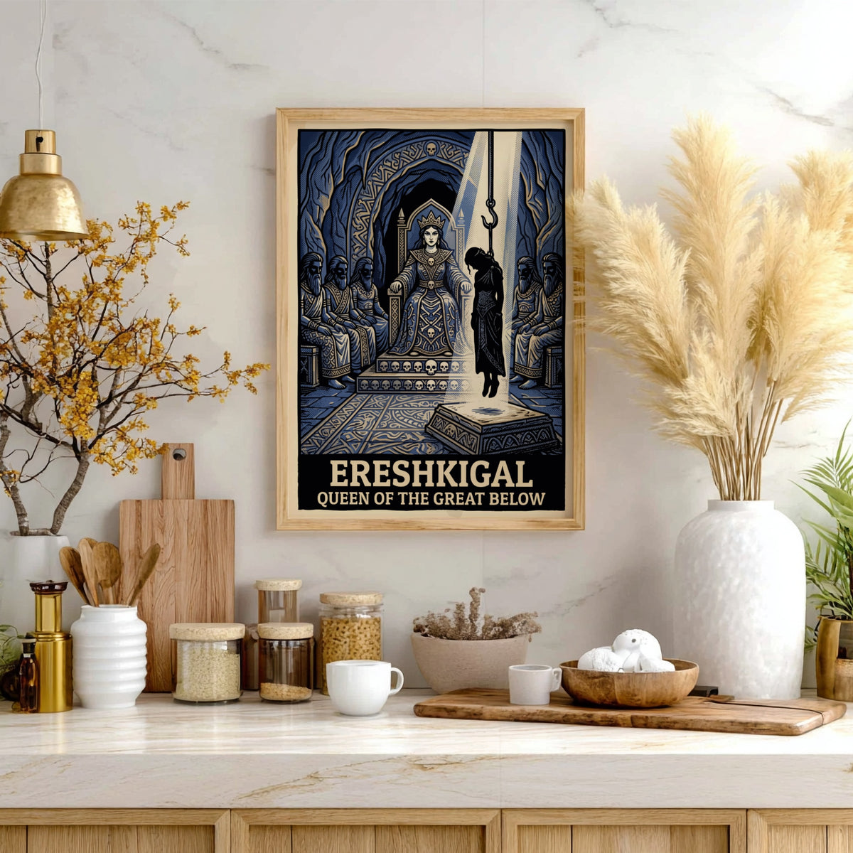 Poster featuring Ereshkigal sitting on a throne with a hanging figure in blue.