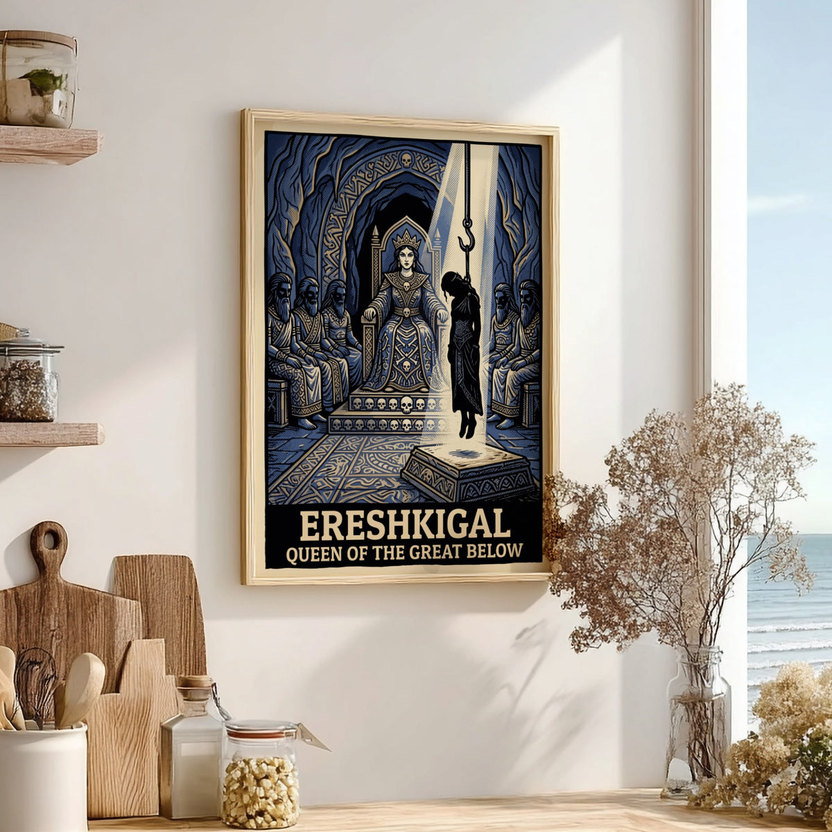 Poster featuring Ereshkigal sitting on a throne with a hanging figure in blue.