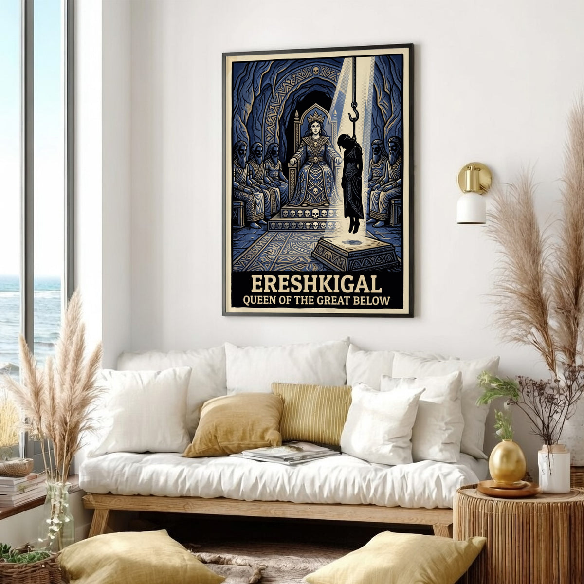 Poster featuring Ereshkigal sitting on a throne with a hanging figure in blue.