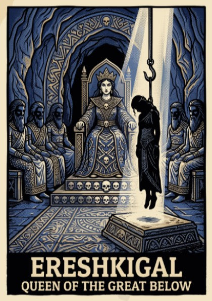Poster featuring Ereshkigal sitting on a throne with a hanging figure in blue.