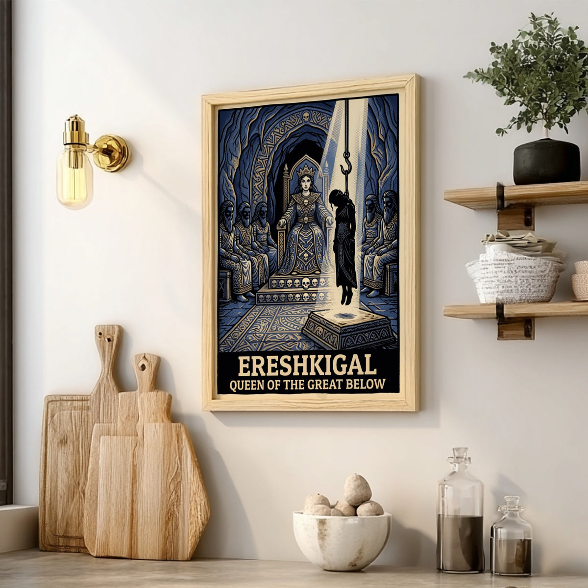 Poster featuring Ereshkigal sitting on a throne with a hanging figure in blue.