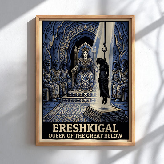 Poster featuring Ereshkigal sitting on a throne with a hanging figure in blue.