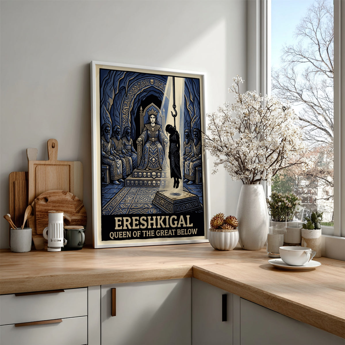 Poster featuring Ereshkigal sitting on a throne with a hanging figure in blue.