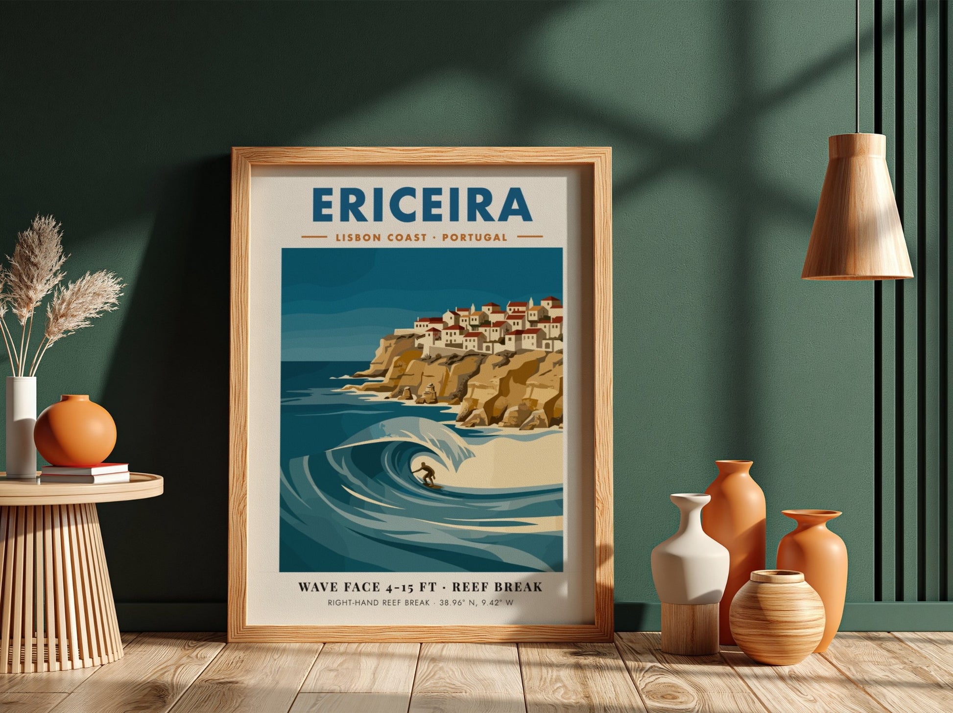 Vintage style poster of Ericeira Portugal featuring a surfer on a large wave