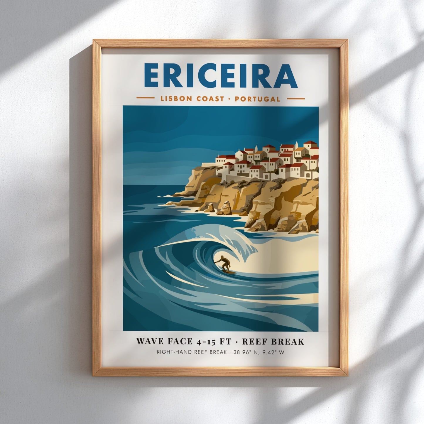 Vintage style poster of Ericeira Portugal featuring a surfer on a large wave