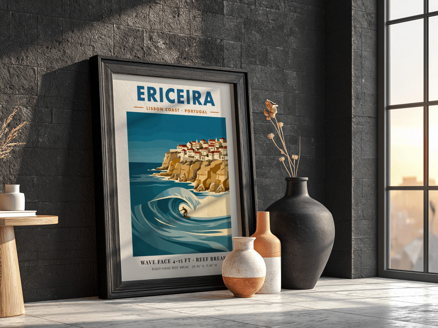Vintage style poster of Ericeira Portugal featuring a surfer on a large wave