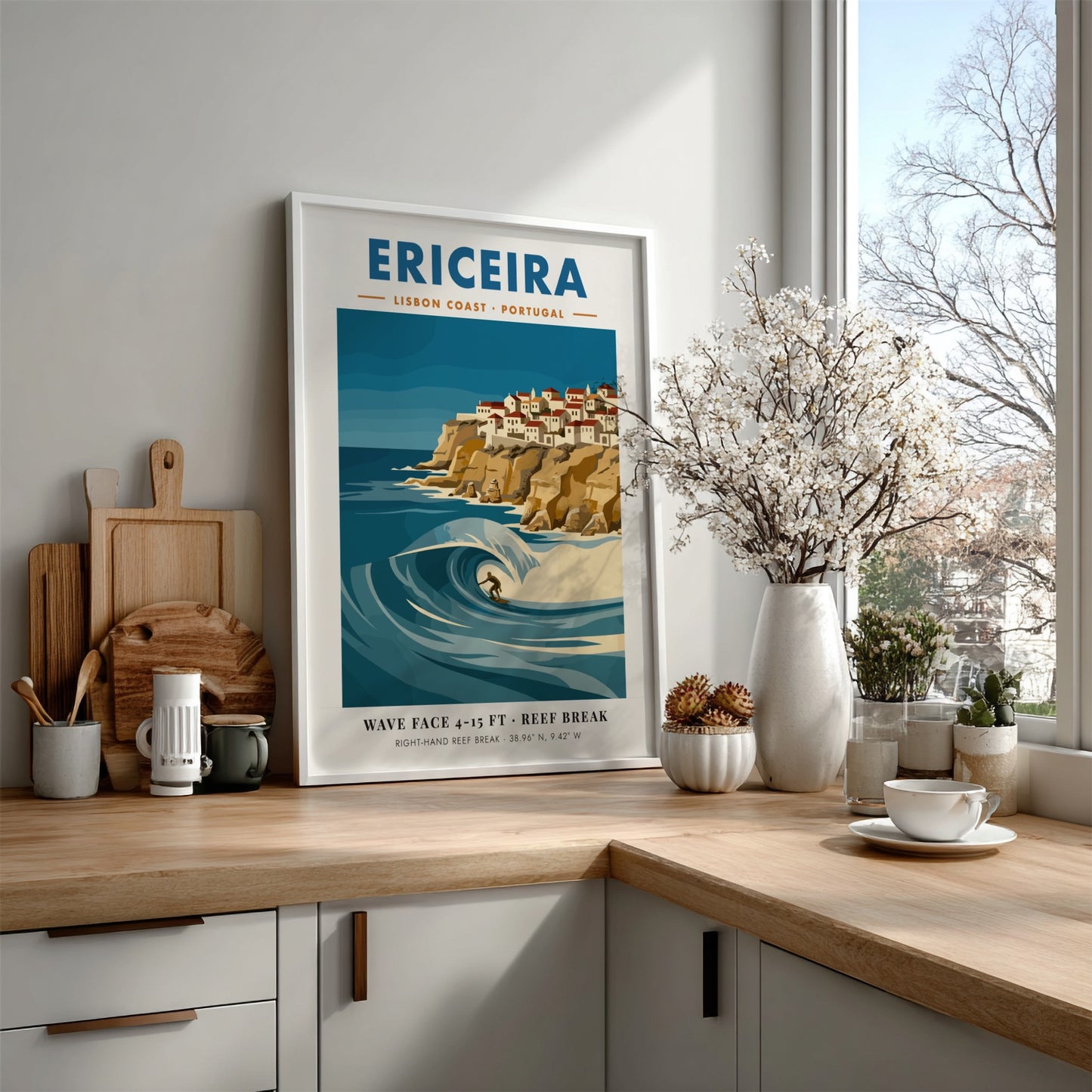 Vintage style poster of Ericeira Portugal featuring a surfer on a large wave
