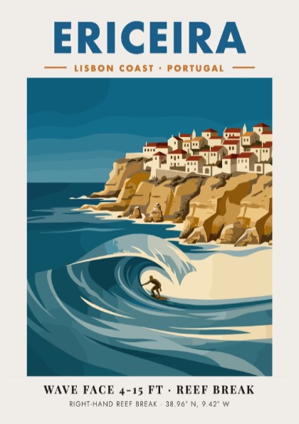 Vintage style poster of Ericeira Portugal featuring a surfer on a large wave
