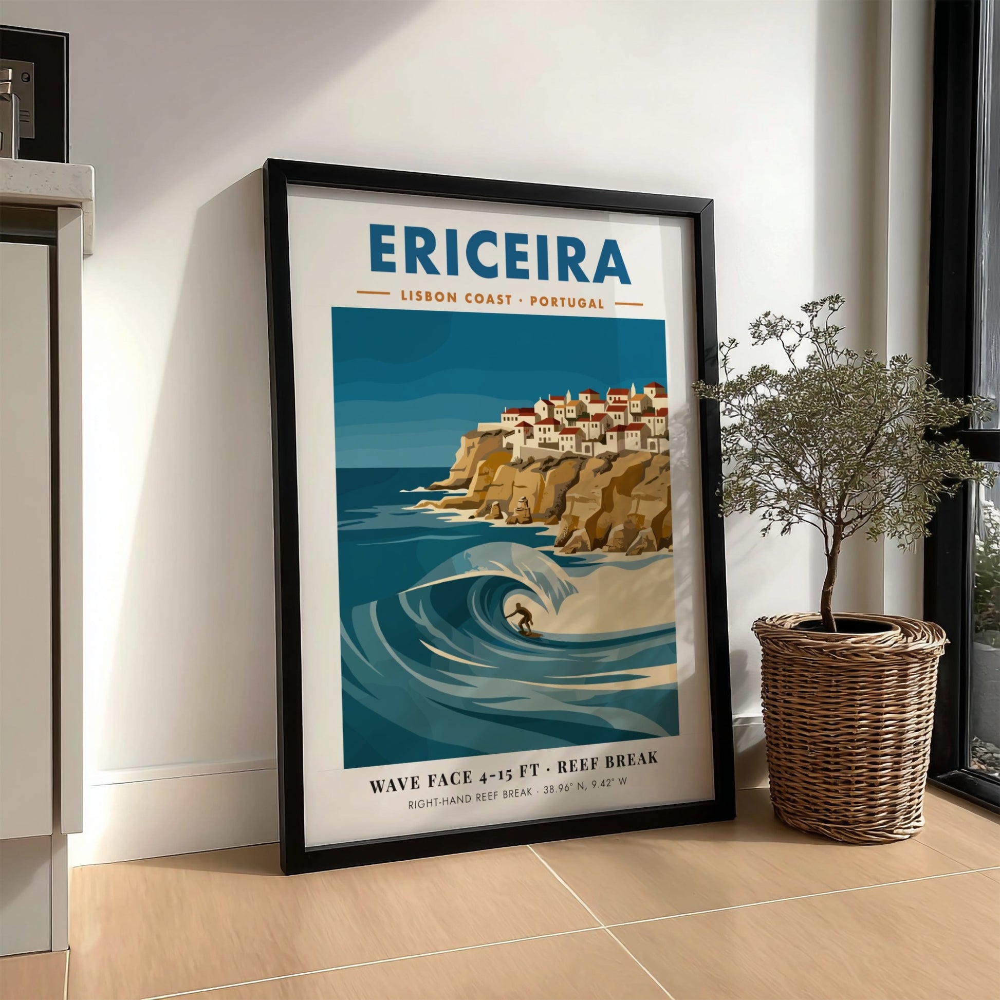 Vintage style poster of Ericeira Portugal featuring a surfer on a large wave