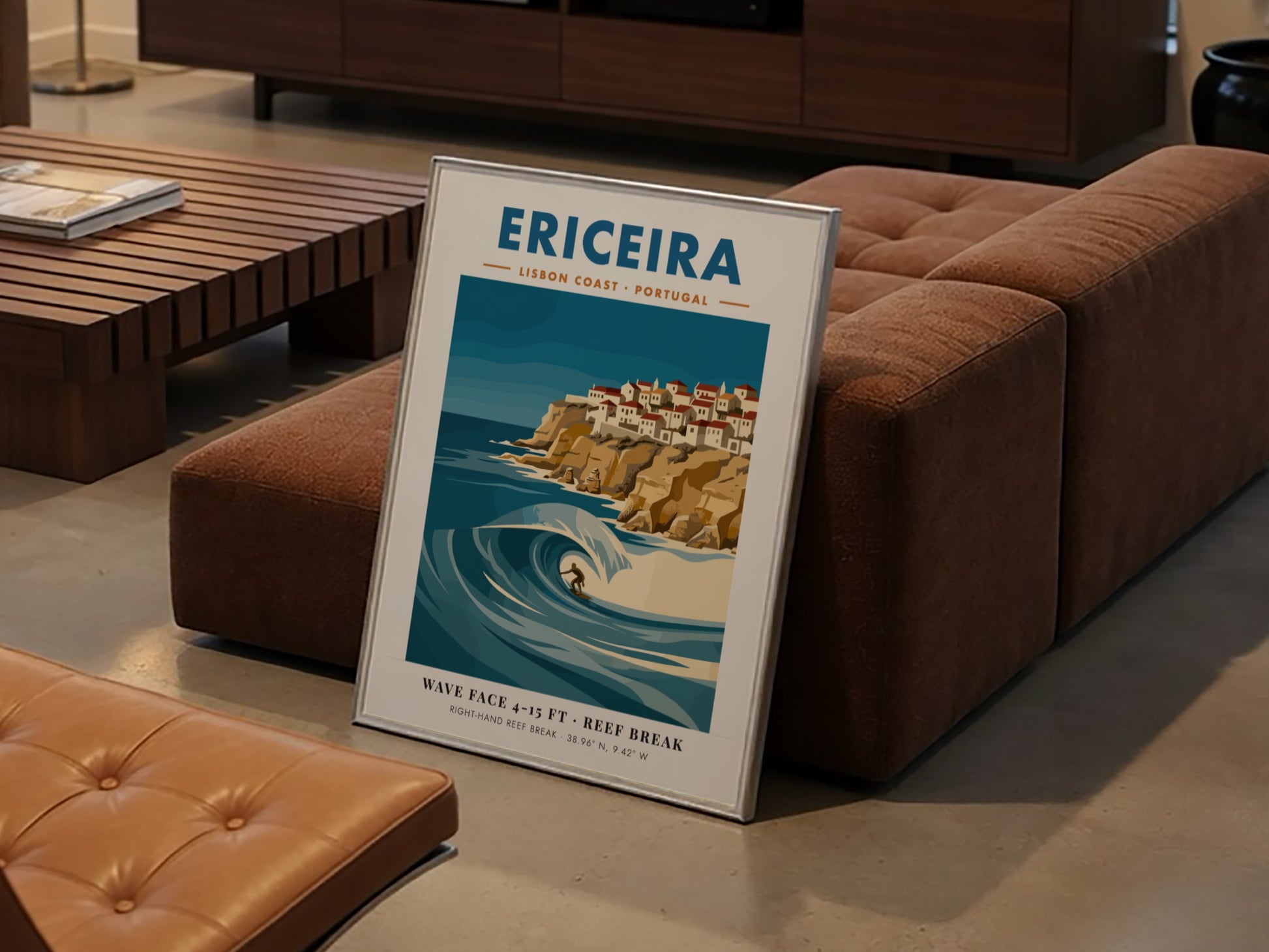Vintage style poster of Ericeira Portugal featuring a surfer on a large wave