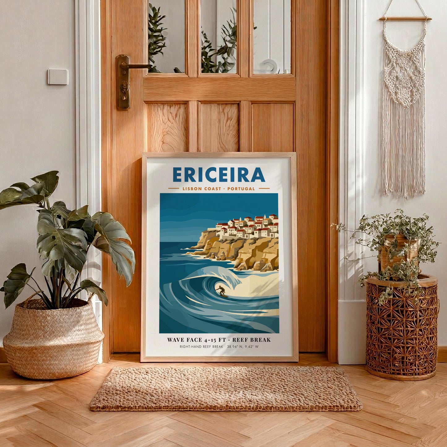 Vintage style poster of Ericeira Portugal featuring a surfer on a large wave